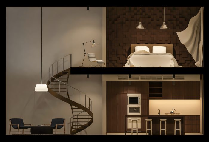 3Ds rendered image of double space apartment in living box,White fabric curtains being blown by wind, elevation view in night time